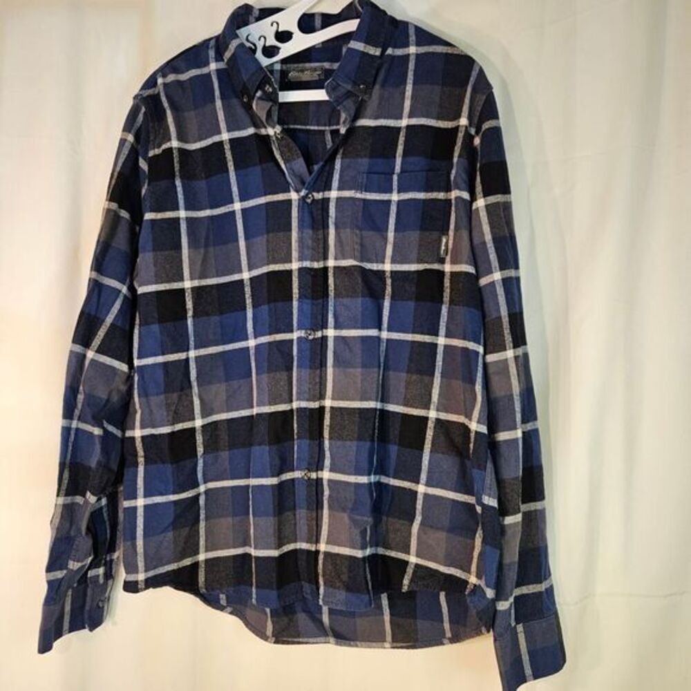 Eddie‎ Bauer Flannel Shirt mens Size Large Blue gray Plaid Lone Sleeve